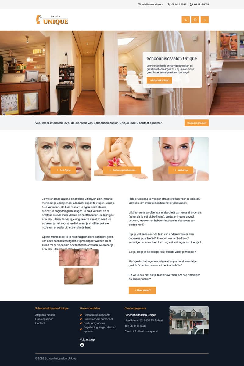 Screenshot van de website van Salon Unique